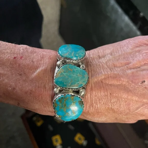 Vintage Native American Turquoise & Sterling Silver Cuff by M Thomas Jr - Picture 1 of 8